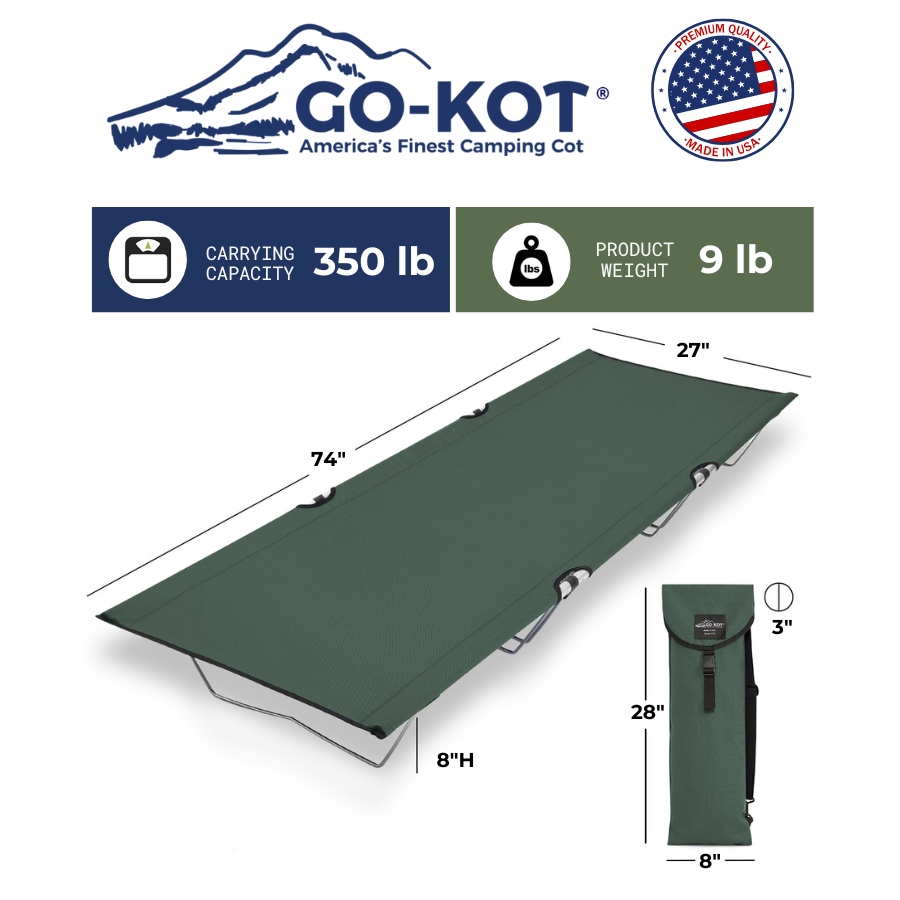 Go-Kot camping cot with dimensions, carrying capacity, and product weight displayed on a white background.