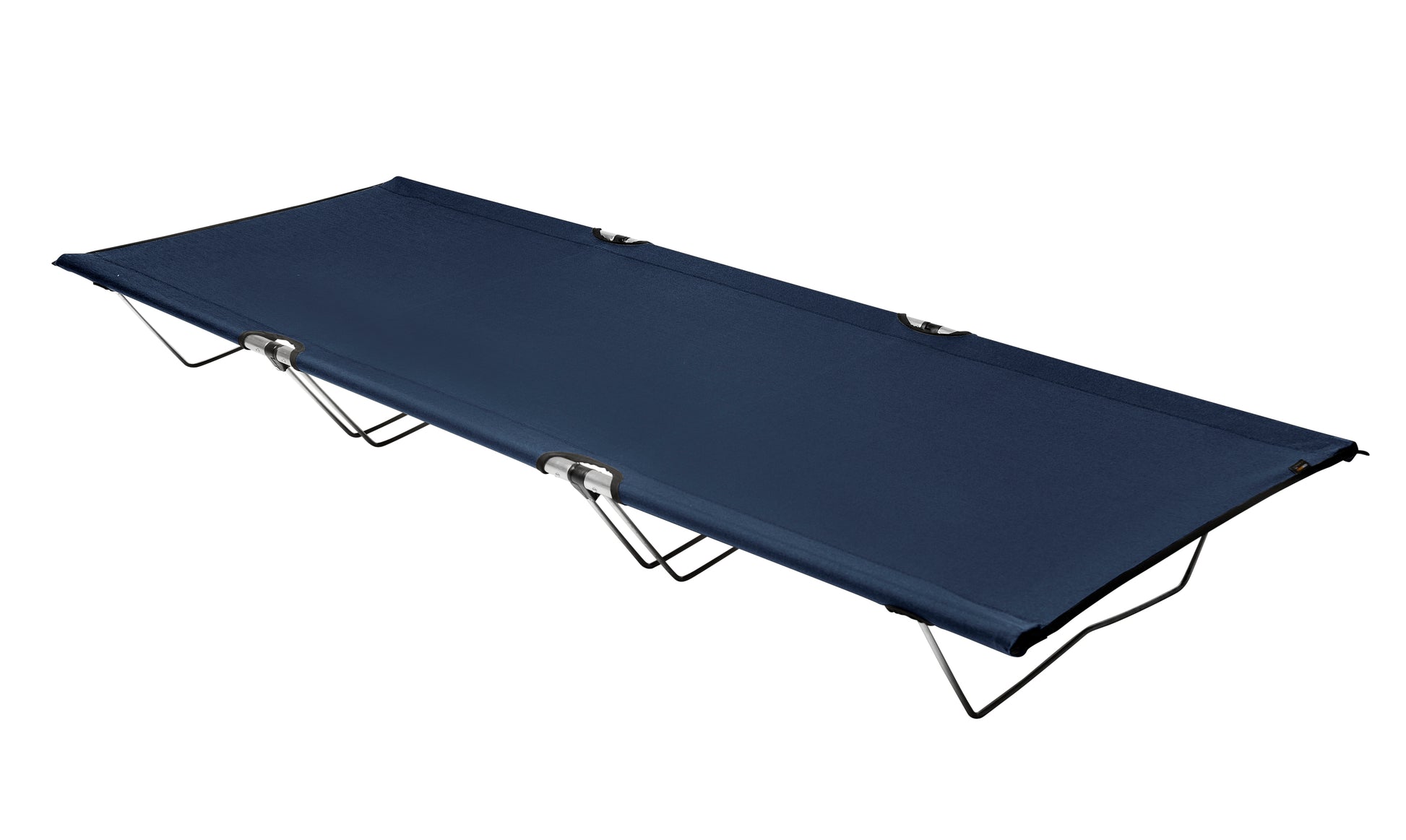 Foldable camping cot with blue fabric on a white background